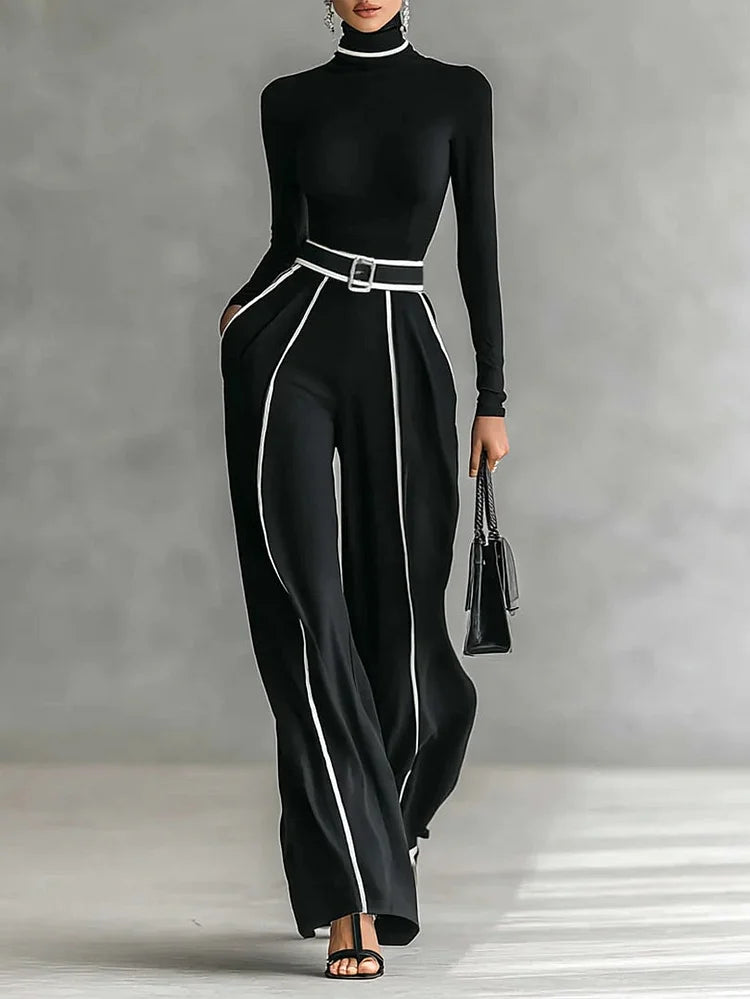 Conjunto de top de manga larga con cuello alto y ribete blanco, pantalones de pierna ancha y cinturón