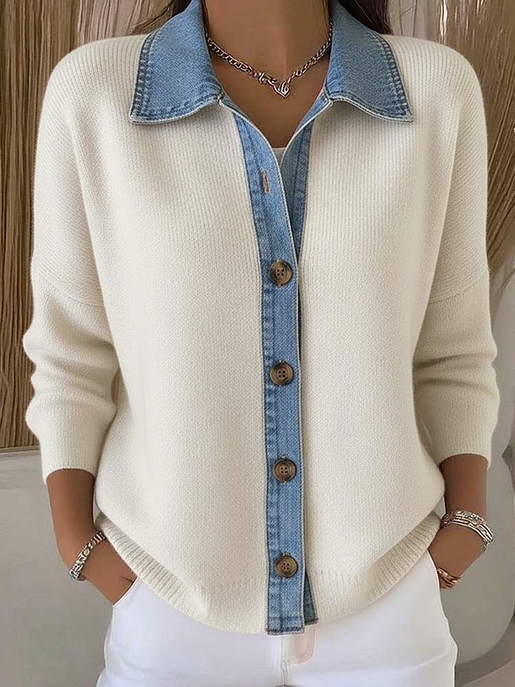 Cárdigan de punto con cuello tipo polo y parches de denim, con botones