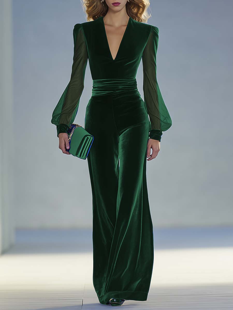 Chándal Elegante de Terciopelo Azul Rey con Escote en V y Detalles en Mesh