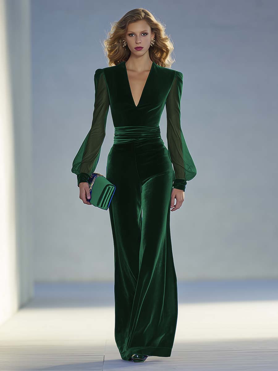 Chándal Elegante de Terciopelo Azul Rey con Escote en V y Detalles en Mesh