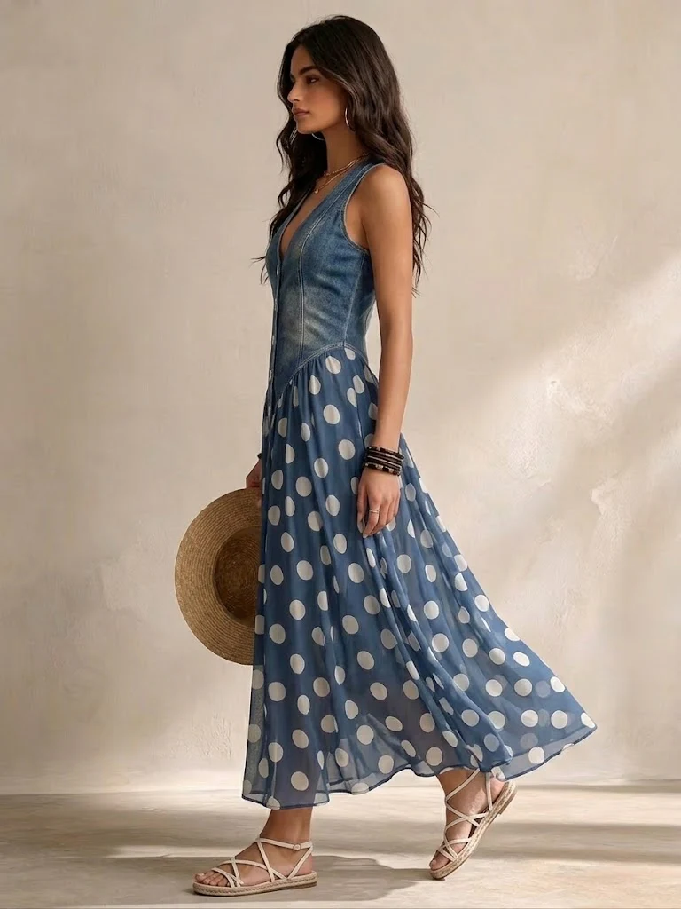 Brenda | Vestido Vaquero Elegante con Falda de gasa con Lunares