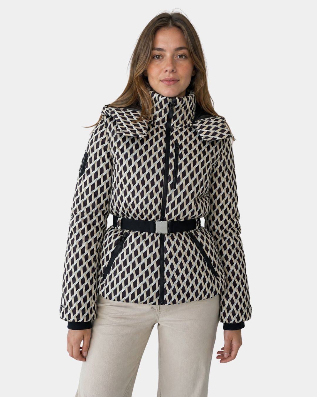 Élodiane | Chaqueta de plumas beige con estampado y cinturón