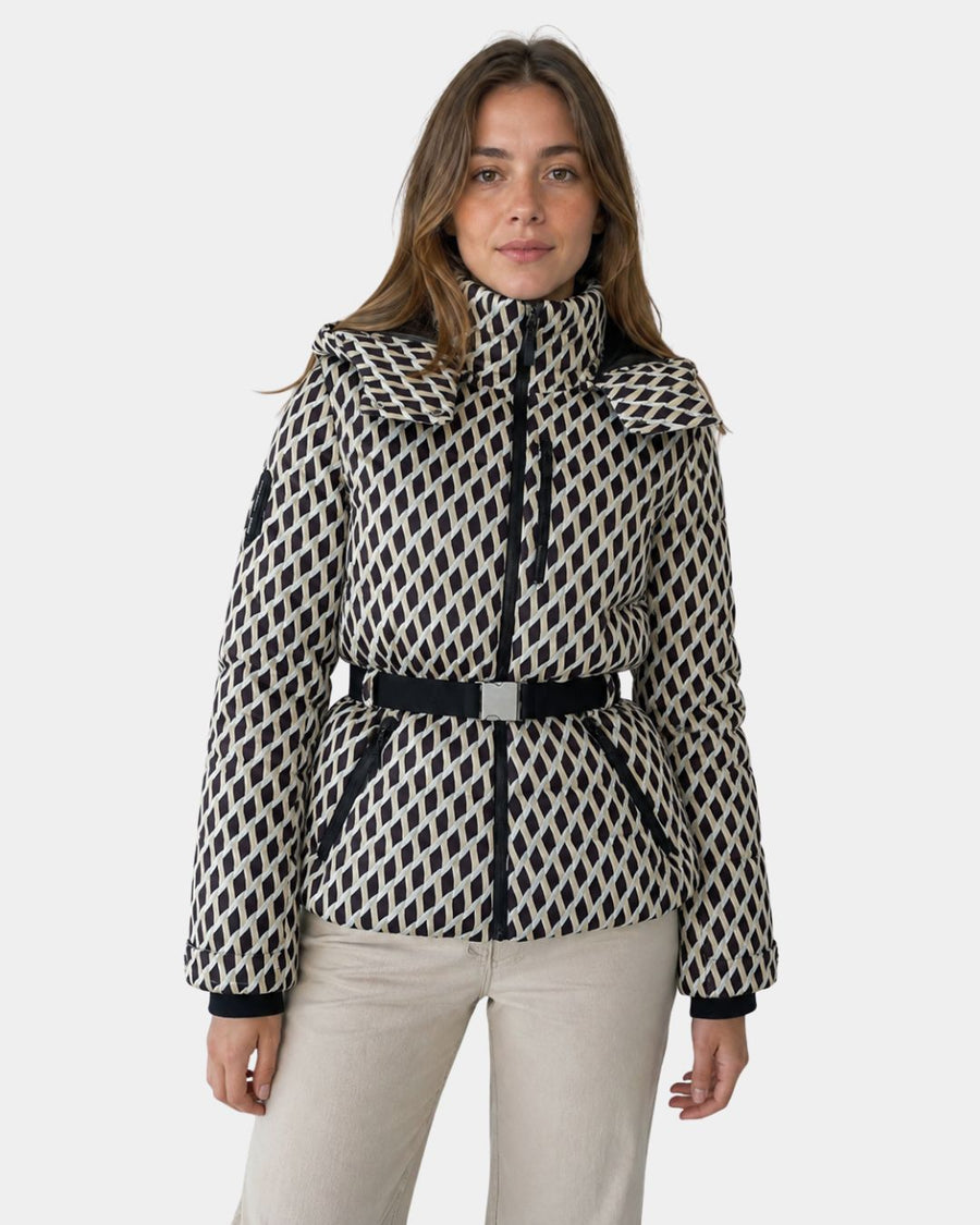 Élodiane | Chaqueta de plumas beige con estampado y cinturón