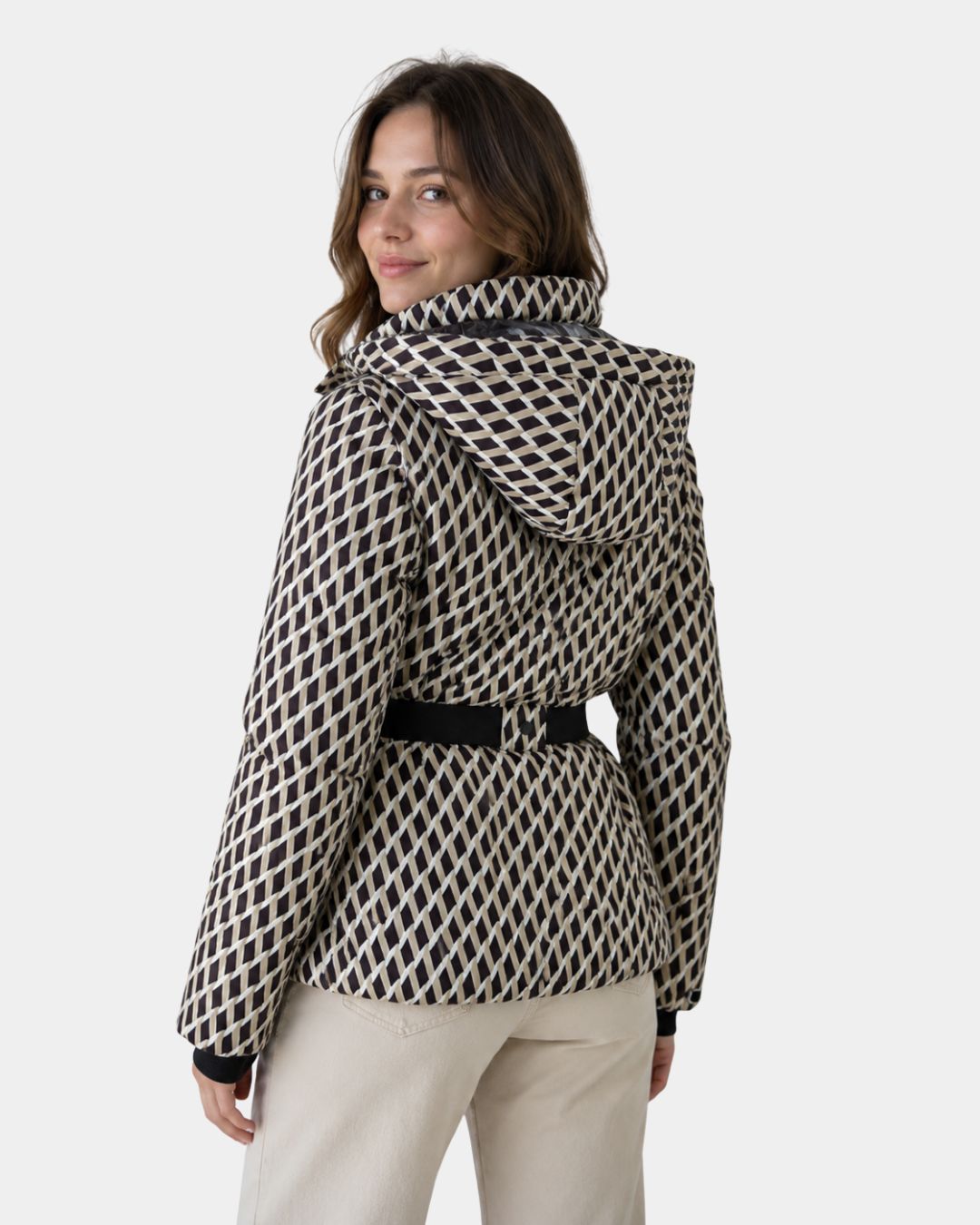 Élodiane | Chaqueta de plumas beige con estampado y cinturón