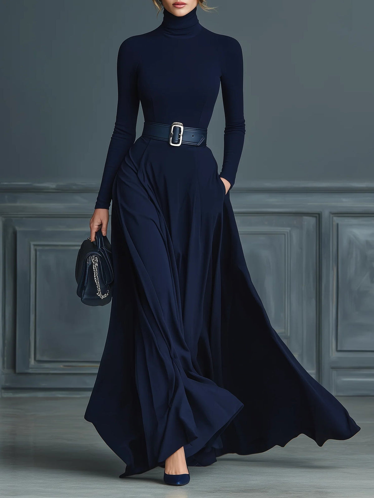 Eleonora - Vestido de punto azul oscuro con cuello alto