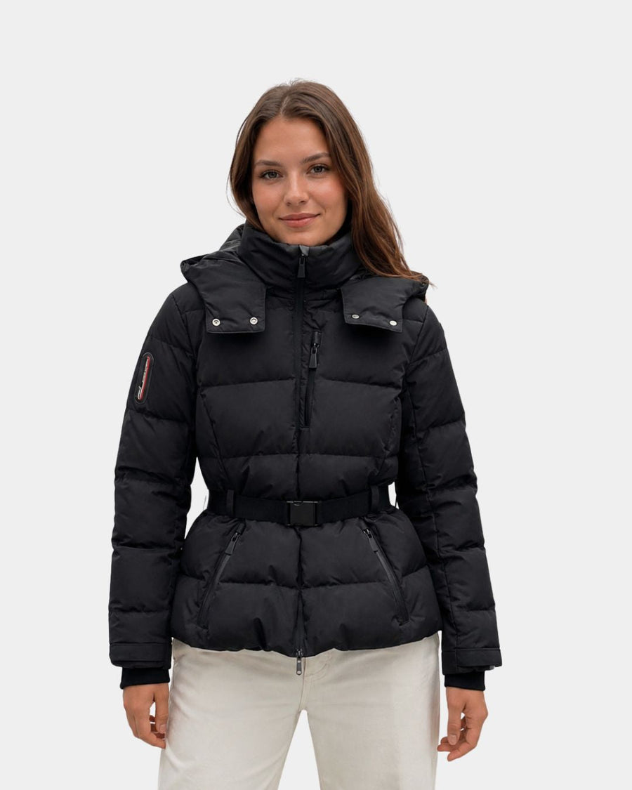 Eléanne | Abrigo puffer negro con cinturón