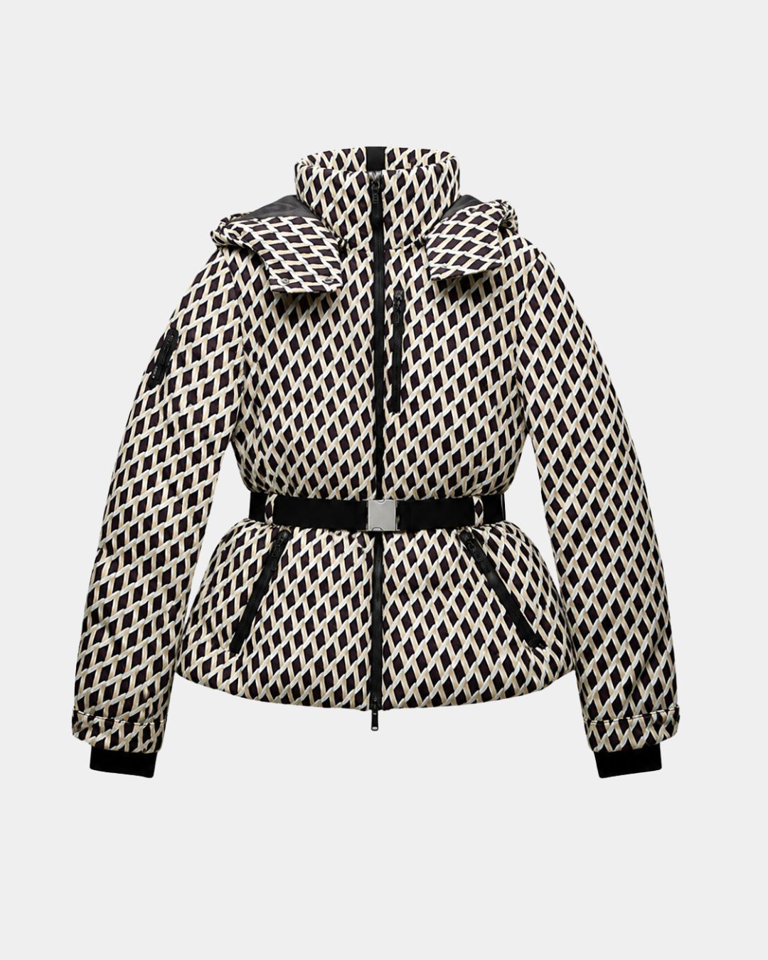 Élodiane | Chaqueta de plumas beige con estampado y cinturón