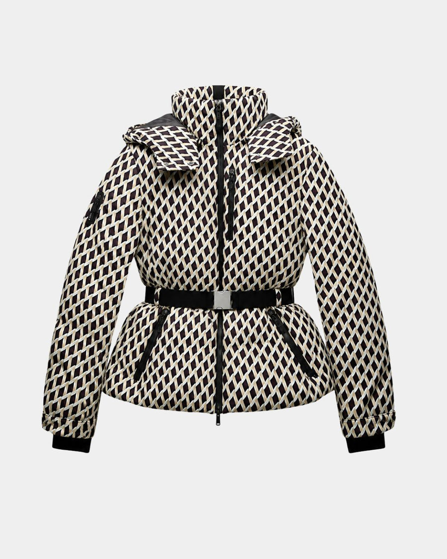 Élodiane | Chaqueta de plumas beige con estampado y cinturón