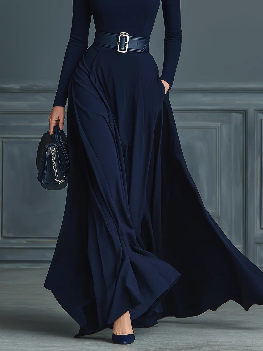 Eleonora - Vestido de punto azul oscuro con cuello alto