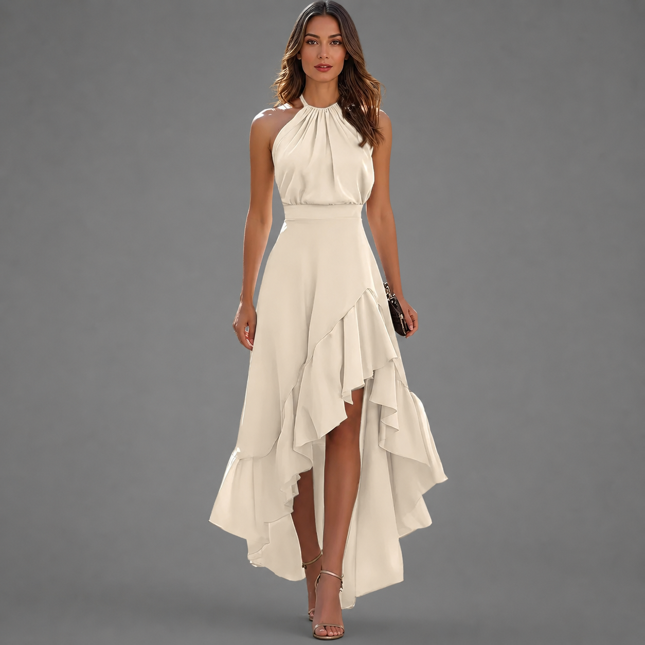 SARA | Elegante vestido con bajo asimétrico y Volantes en Cascada
