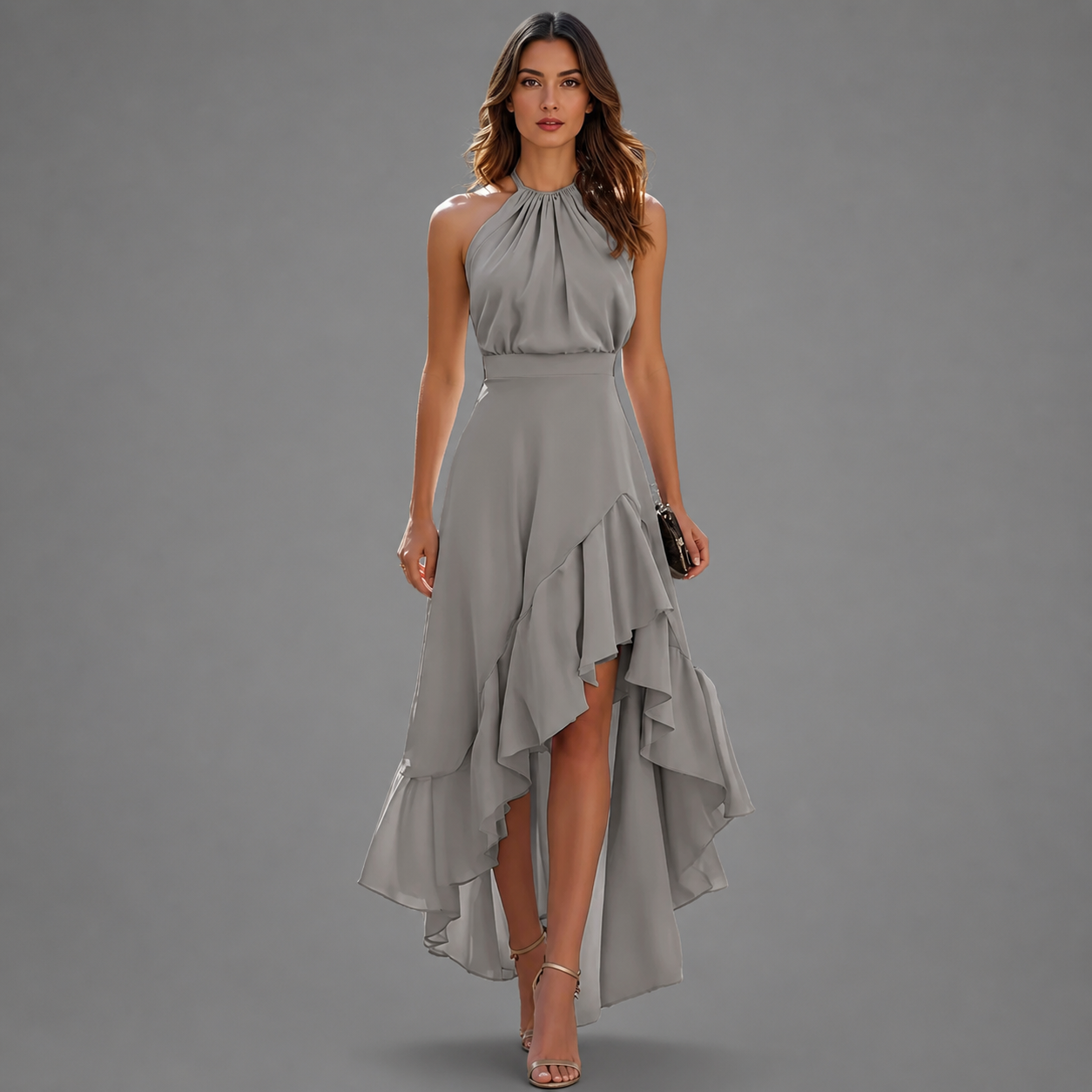SARA | Elegante vestido con bajo asimétrico y Volantes en Cascada