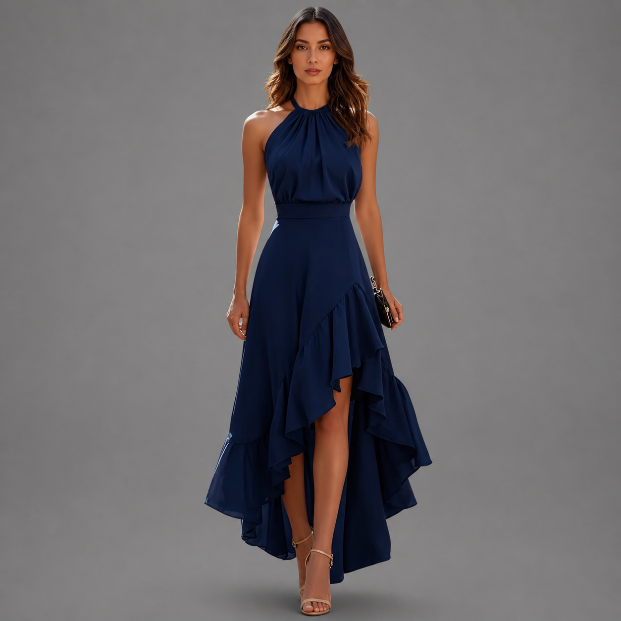 SARA | Elegante vestido con bajo asimétrico y Volantes en Cascada