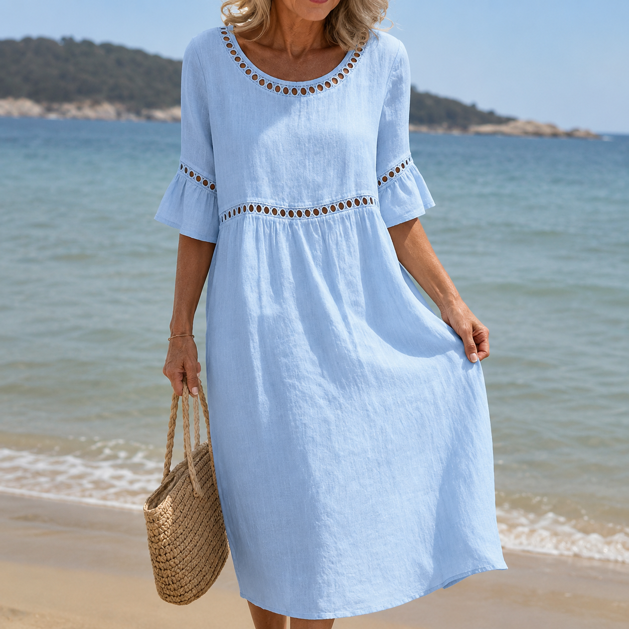 Hélène | Vestido Largo de Algodón y Lino Efecto Barriga Plana