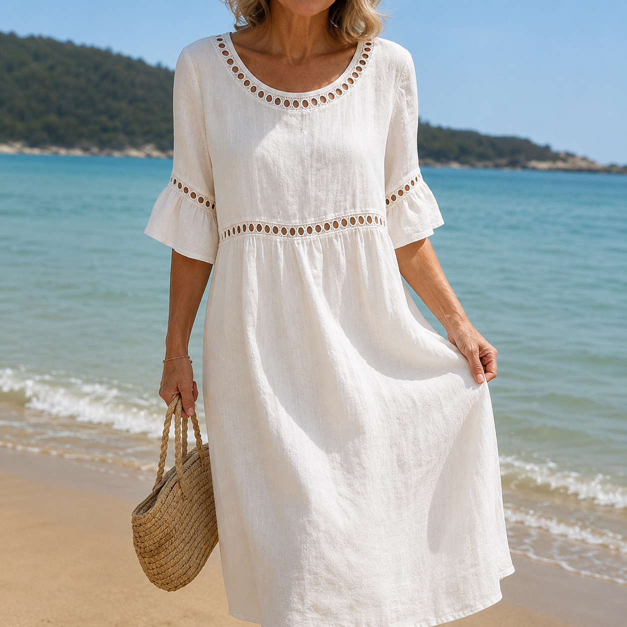 Hélène | Vestido Largo de Algodón y Lino Efecto Barriga Plana