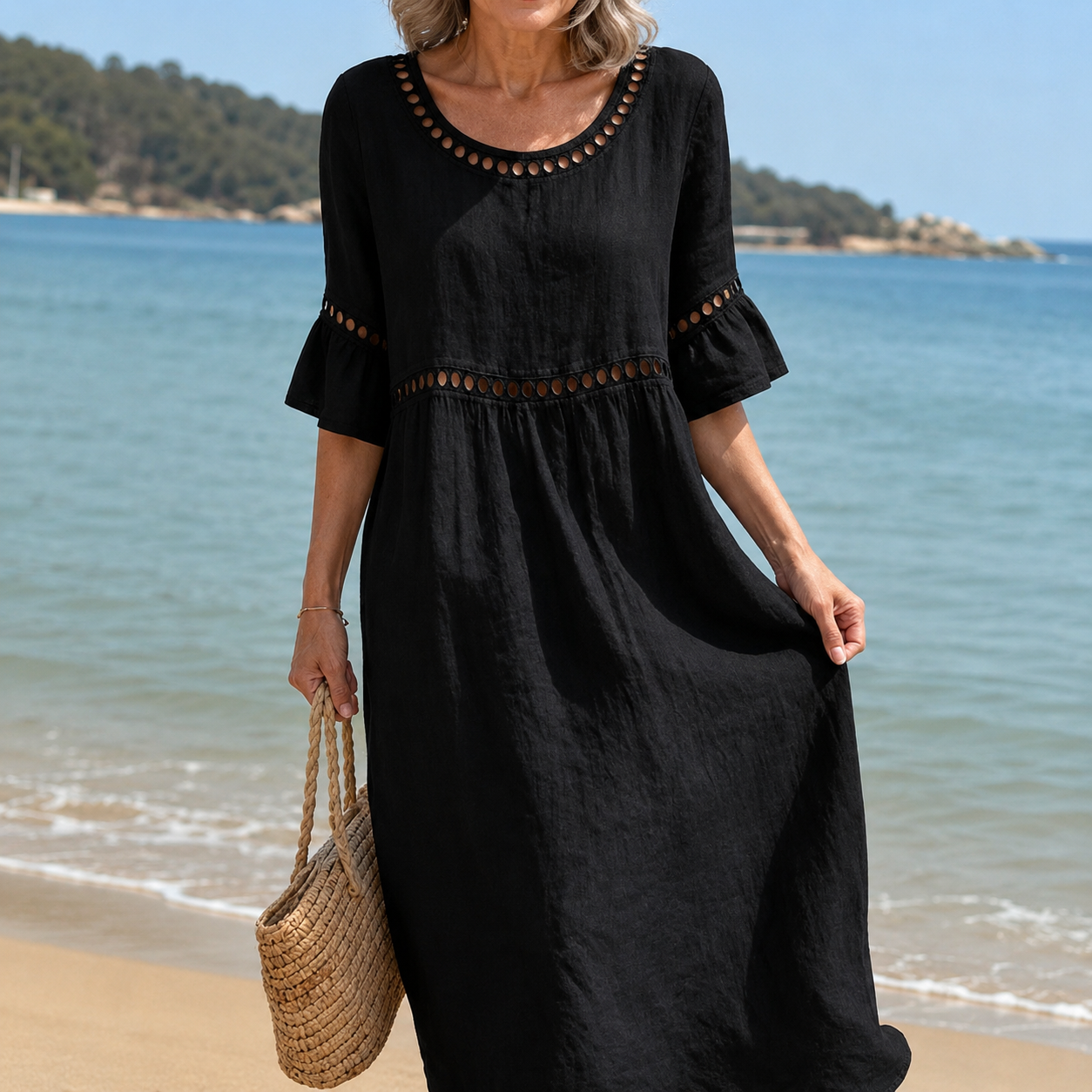 Hélène | Vestido Largo de Algodón y Lino Efecto Barriga Plana