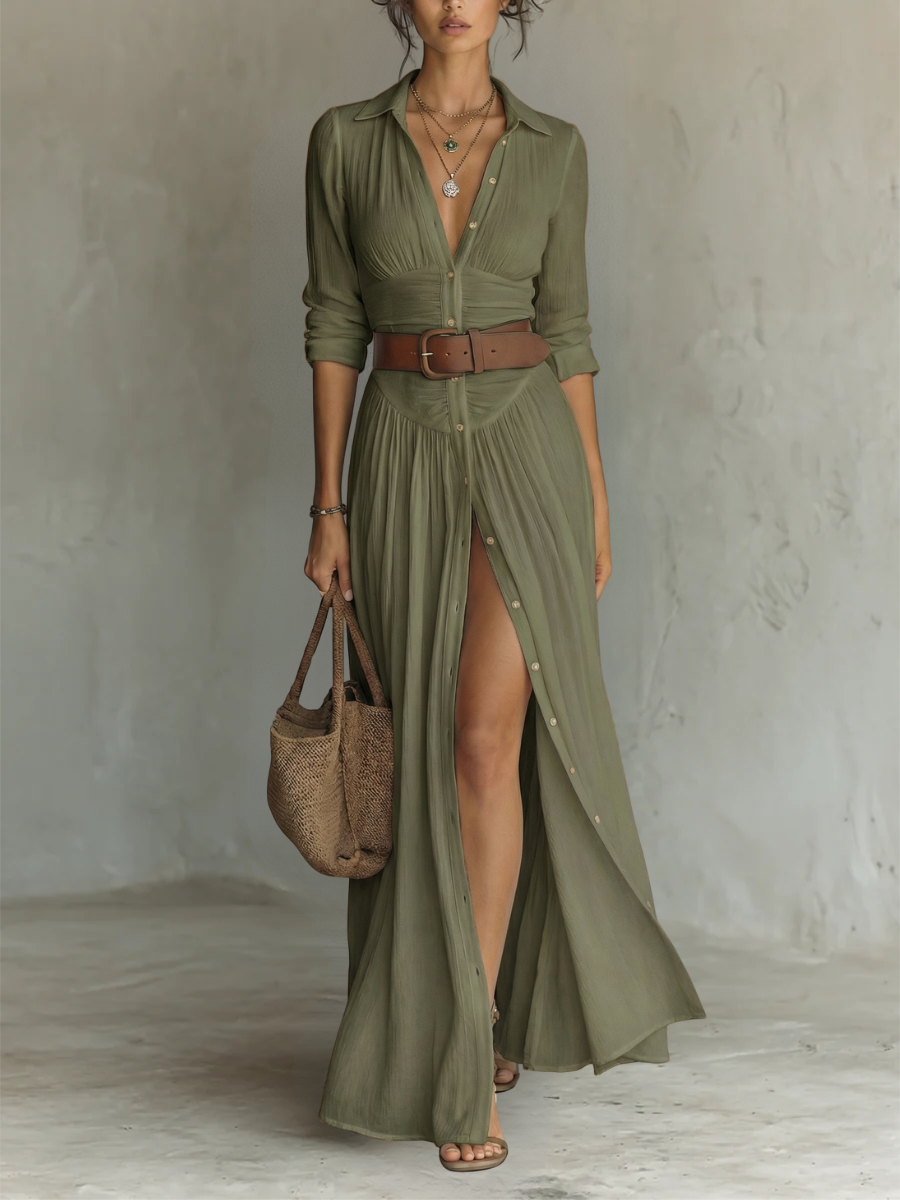 Aura | Vestido largo con cuello de solapa y mangas largas