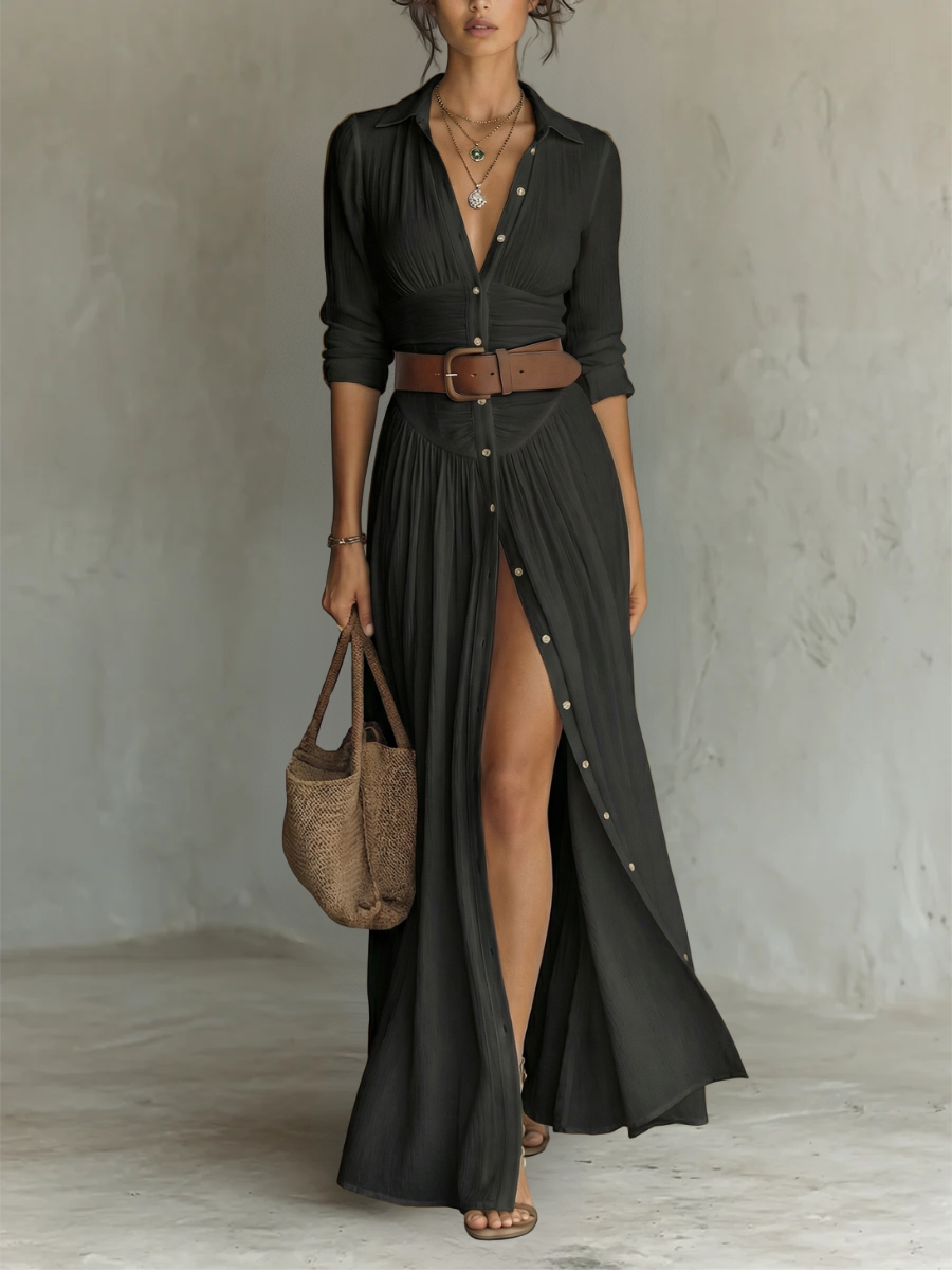 Aura | Vestido largo con cuello de solapa y mangas largas