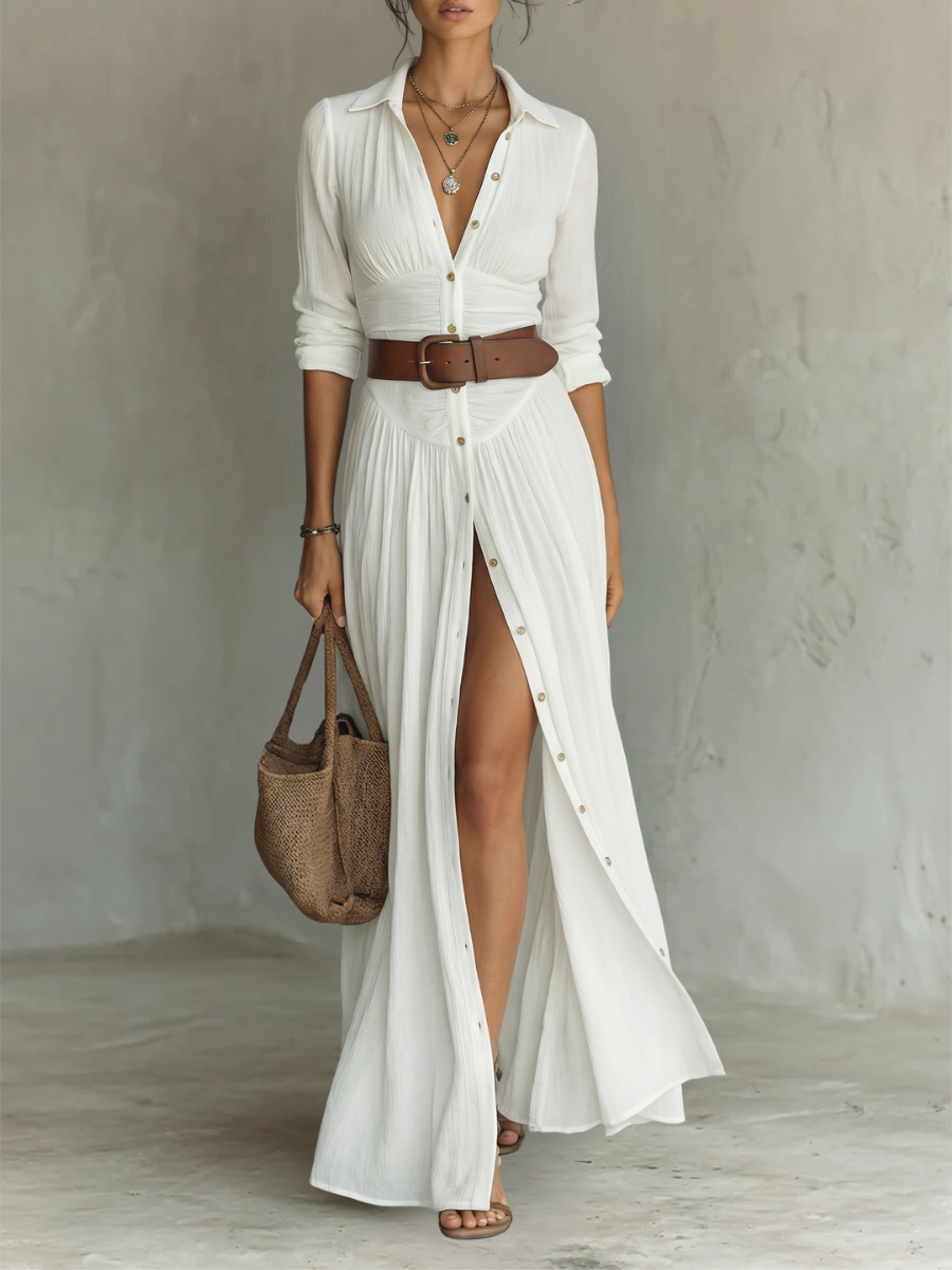 Aura | Vestido largo con cuello de solapa y mangas largas