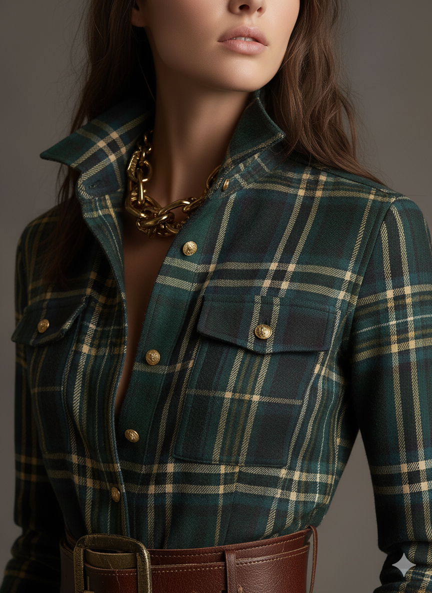 Giulia - Vestido largo de cuadros marrón rojizo con cuello y estilo étnico retro