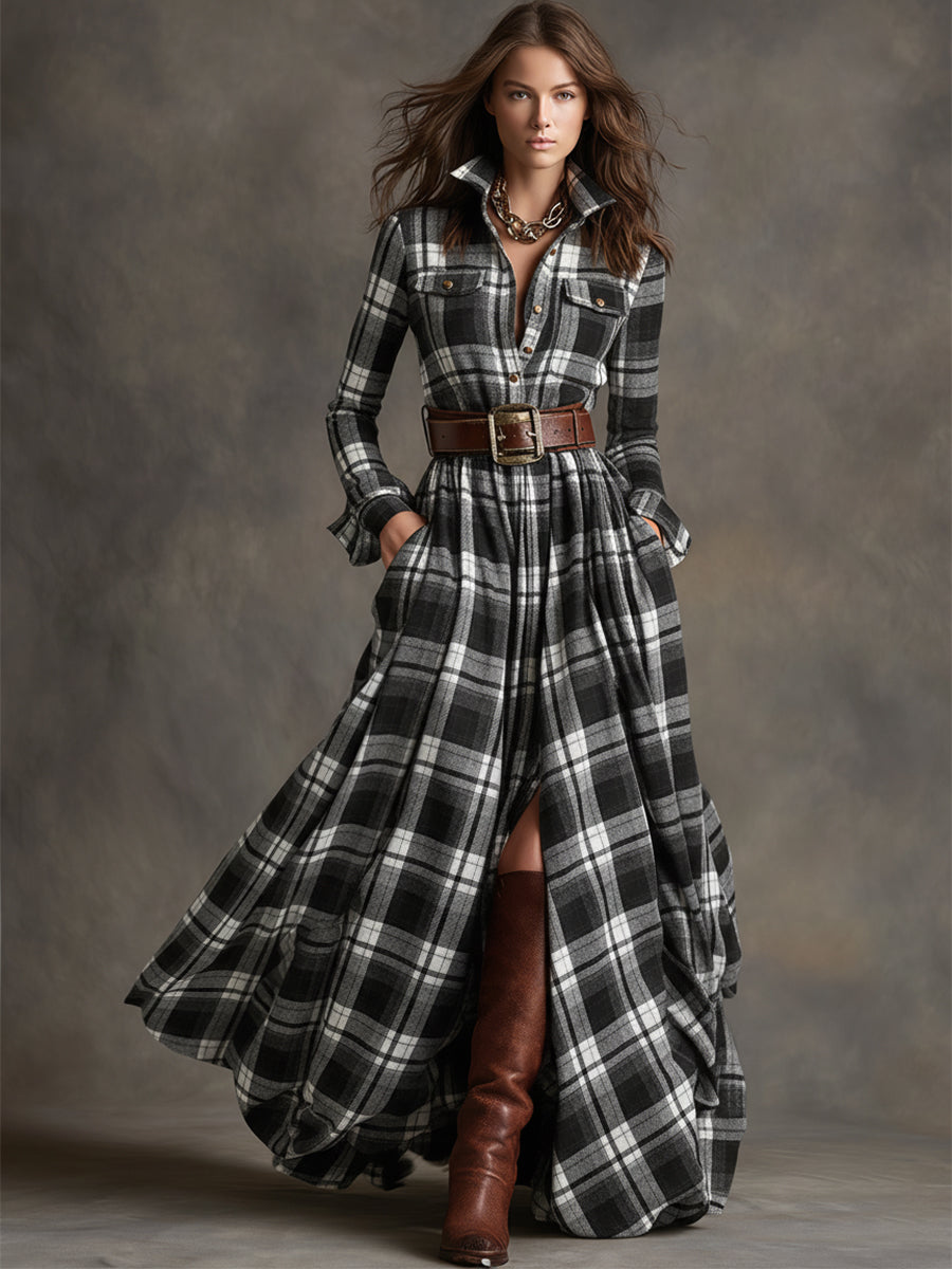 Giulia - Vestido largo de cuadros marrón rojizo con cuello y estilo étnico retro