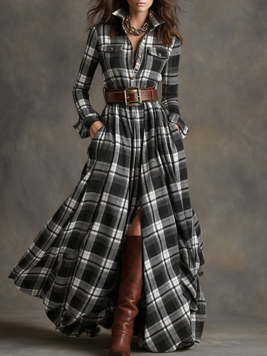 Giulia - Vestido largo de cuadros marrón rojizo con cuello y estilo étnico retro