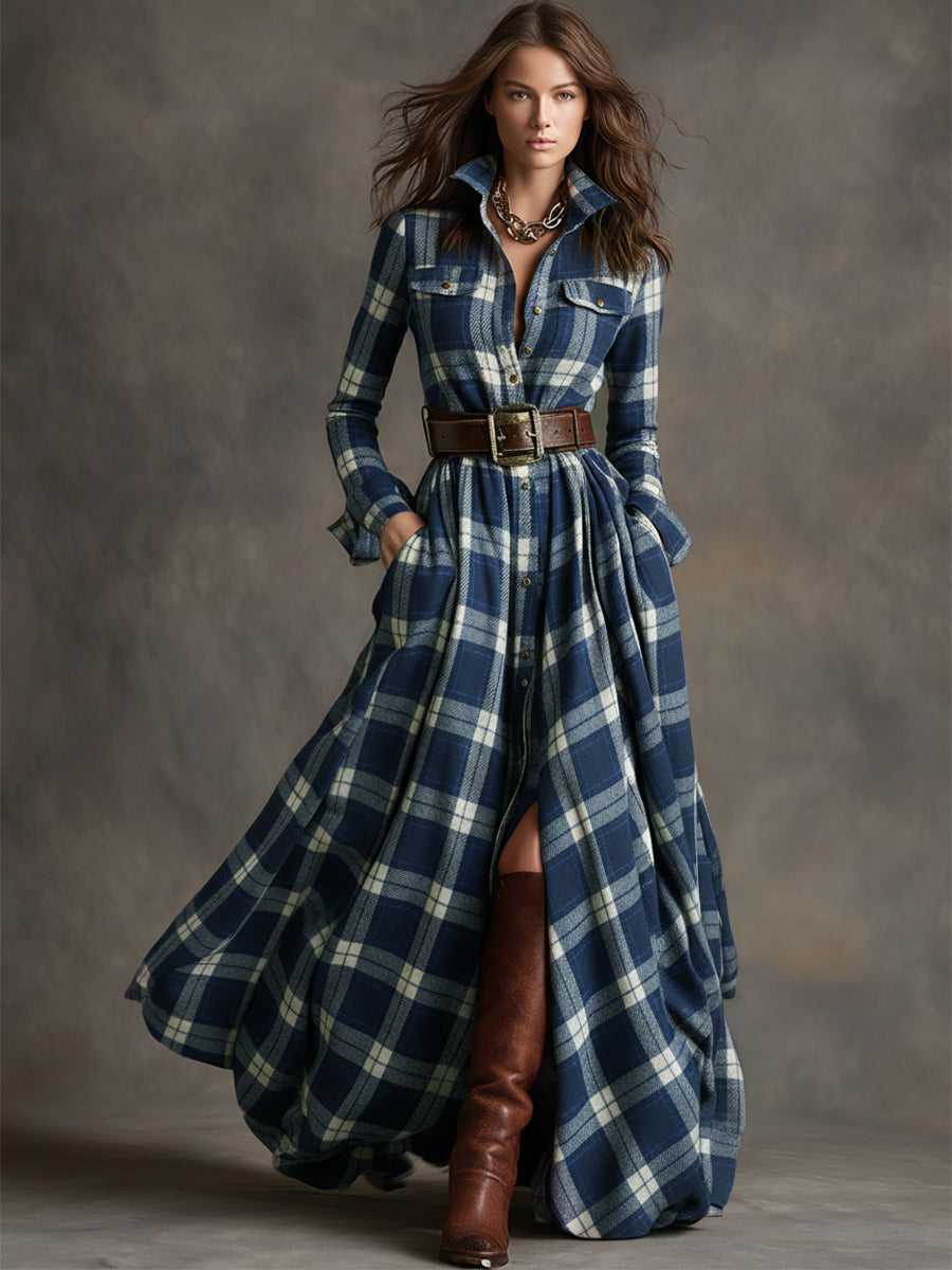 Giulia - Vestido largo de cuadros marrón rojizo con cuello y estilo étnico retro