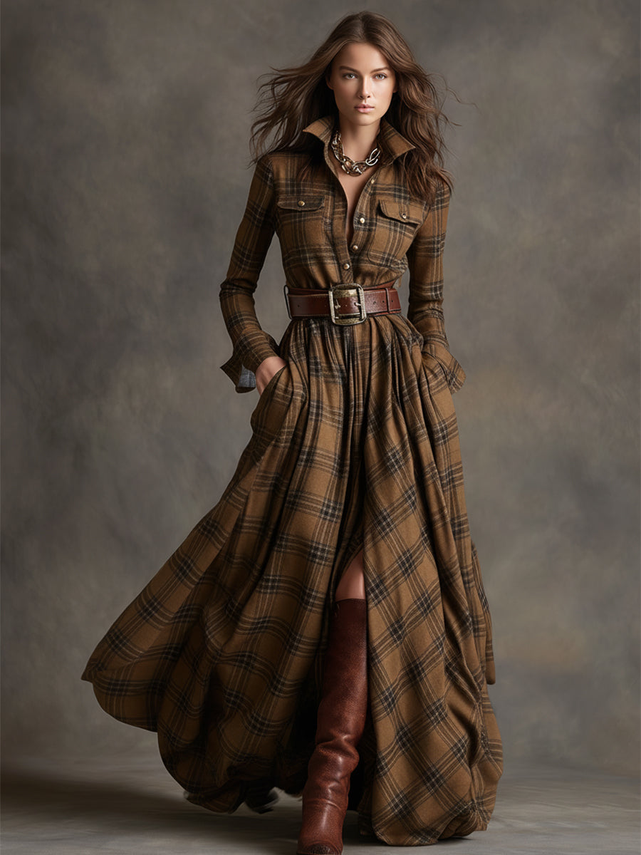 Giulia - Vestido largo de cuadros marrón rojizo con cuello y estilo étnico retro