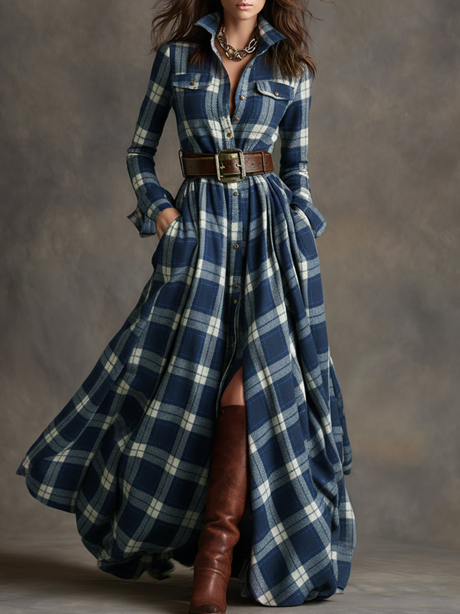 Giulia - Vestido largo de cuadros marrón rojizo con cuello y estilo étnico retro