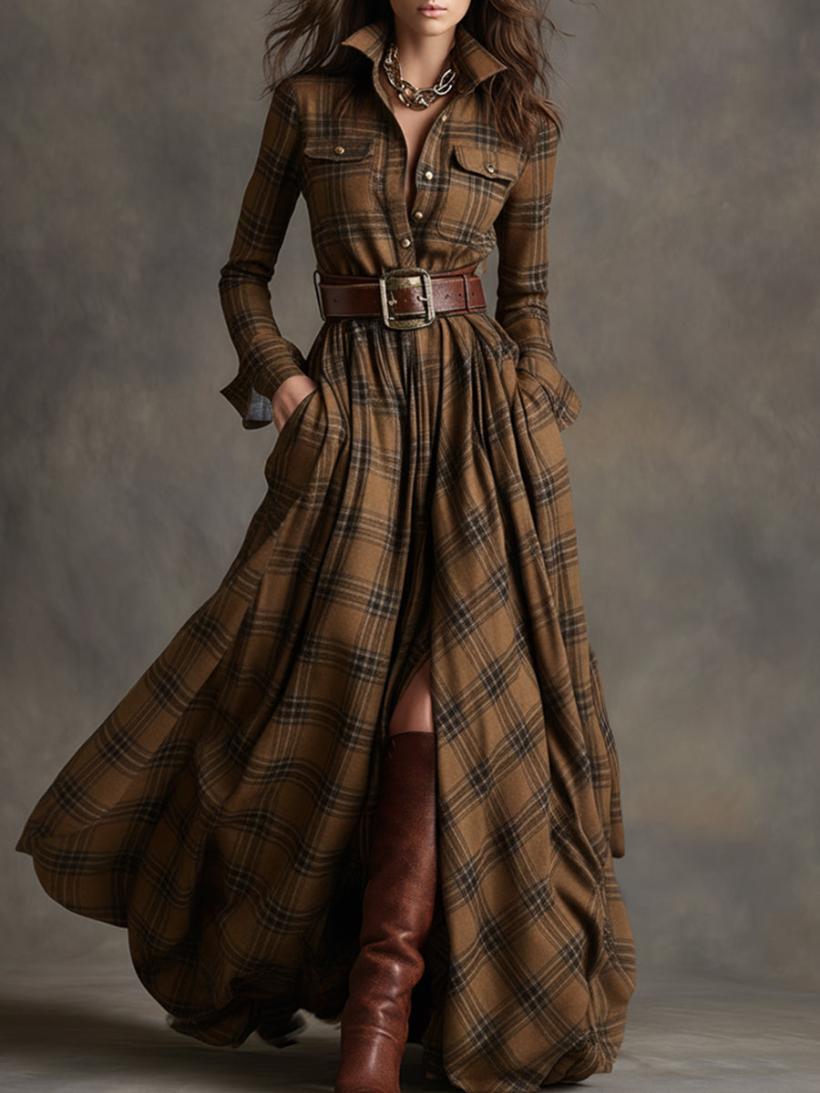 Giulia - Vestido largo de cuadros marrón rojizo con cuello y estilo étnico retro