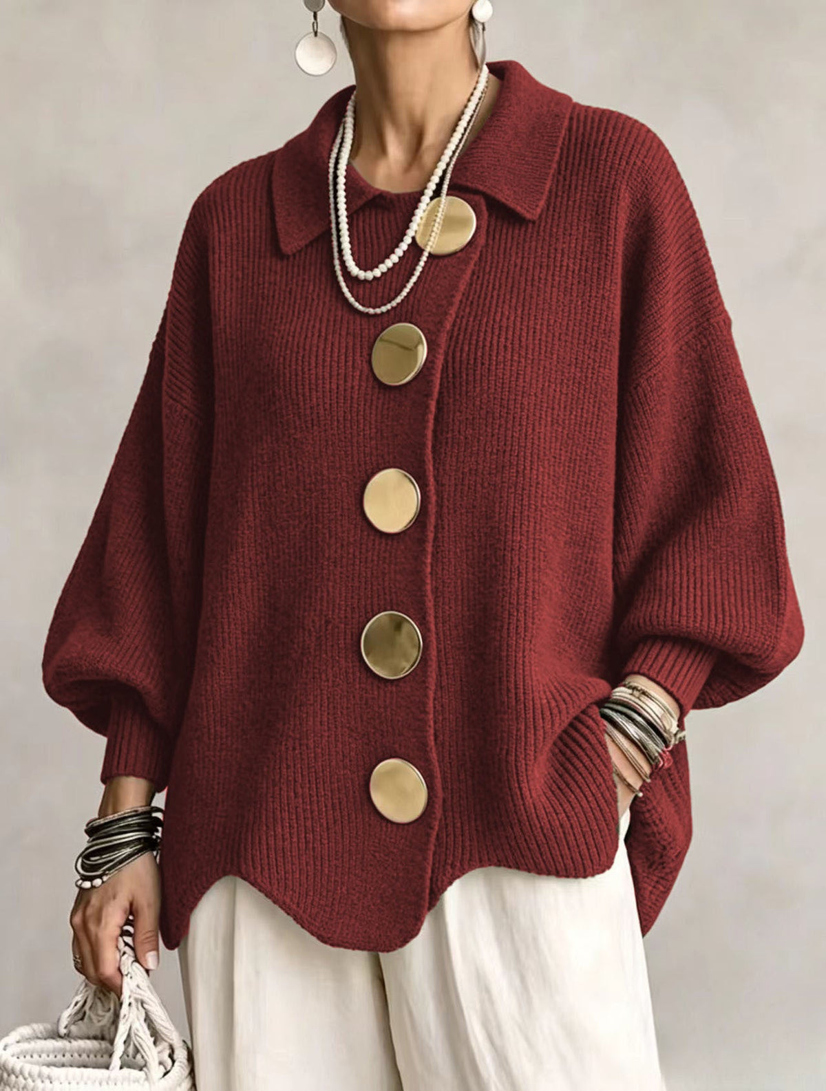 Isadora | Cardigan Oversize con Cuello y Grandes Botones Metálicos