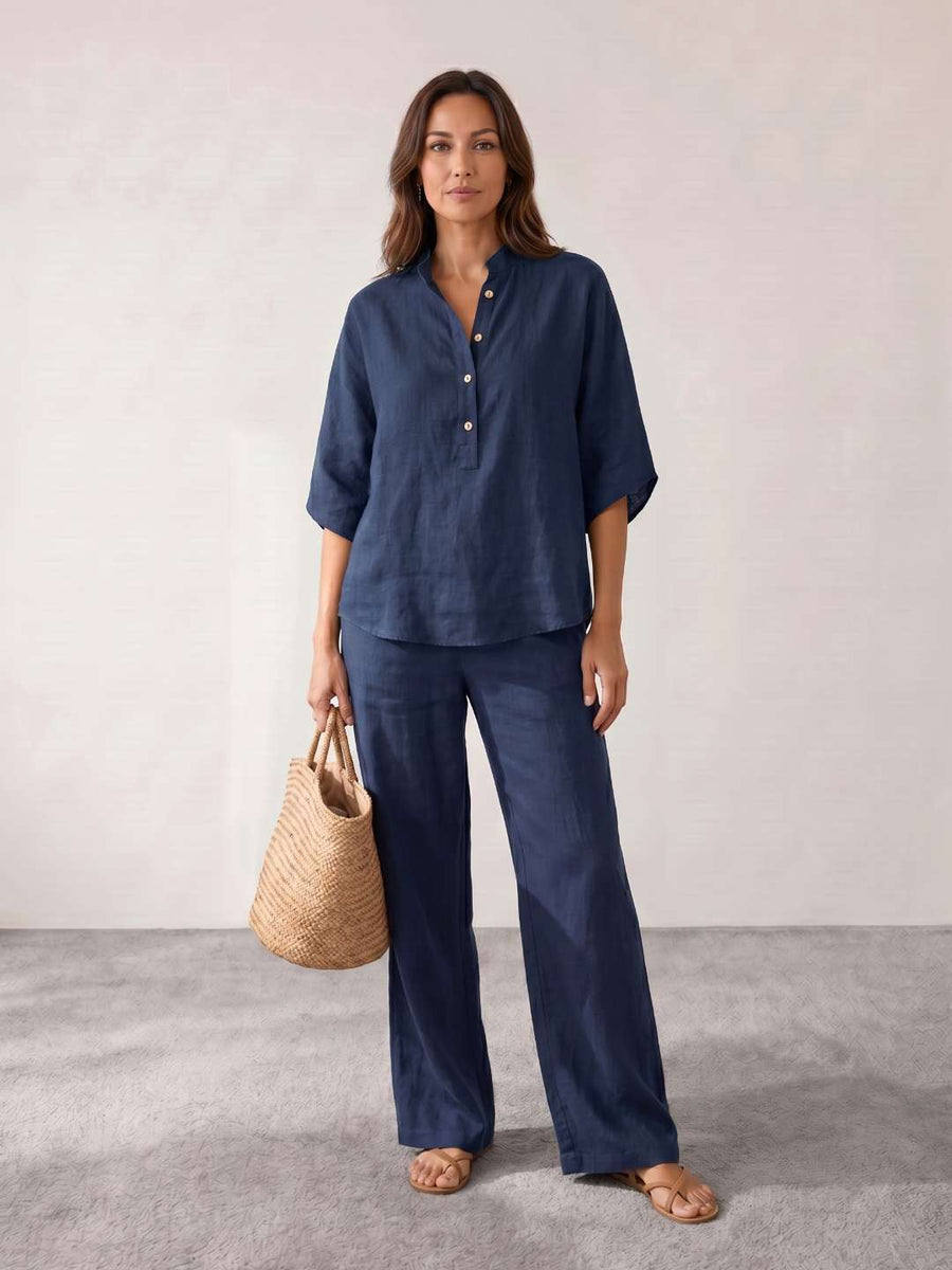 Linen set with batwing sleeves and wide pants