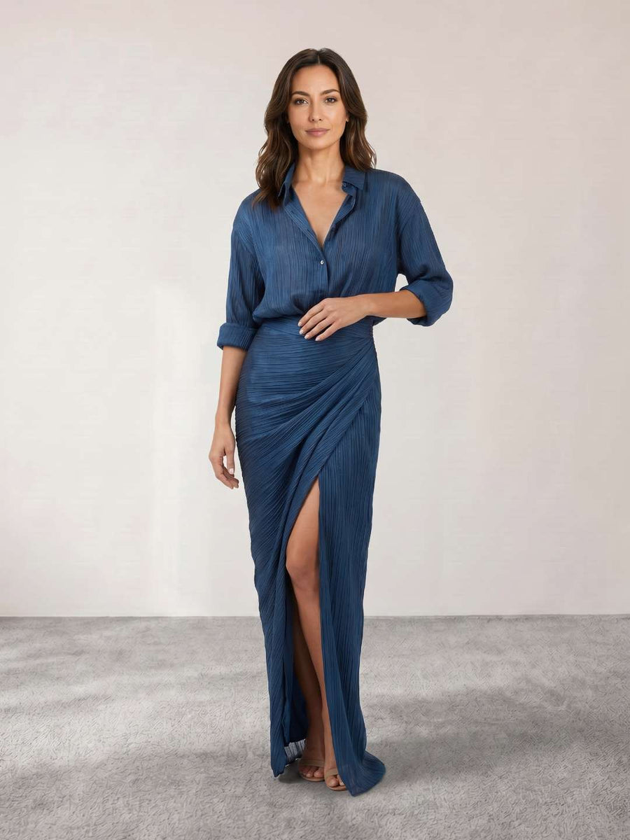 Pleated Shirt Dress with Slit