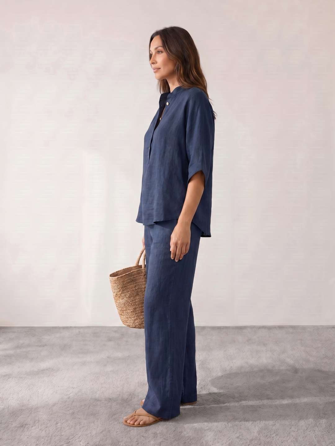 Linen set with batwing sleeves and wide pants