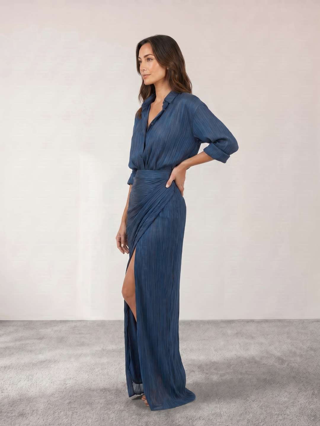Pleated Shirt Dress with Slit