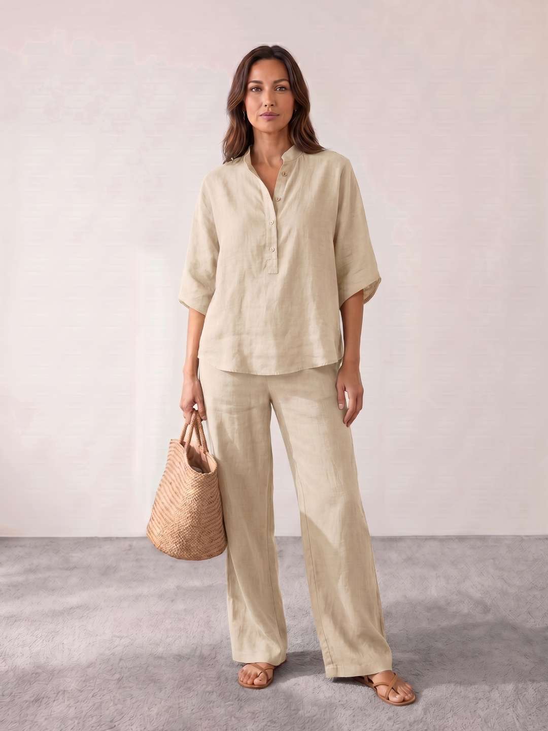 Linen set with batwing sleeves and wide pants