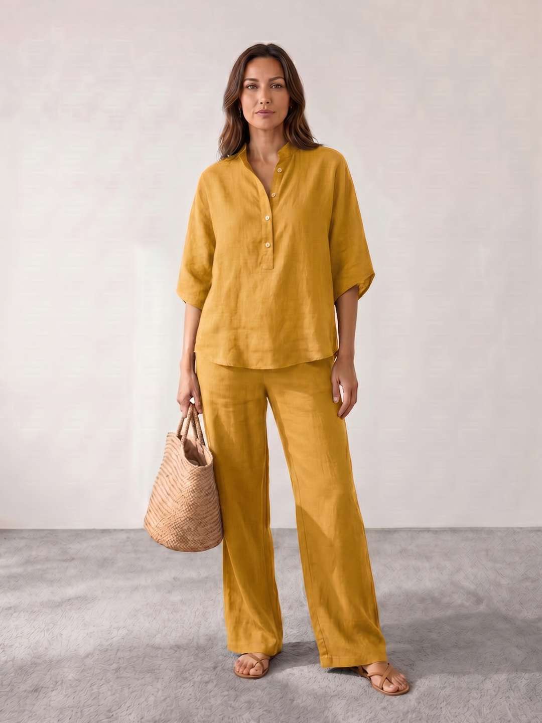 Linen set with batwing sleeves and wide pants
