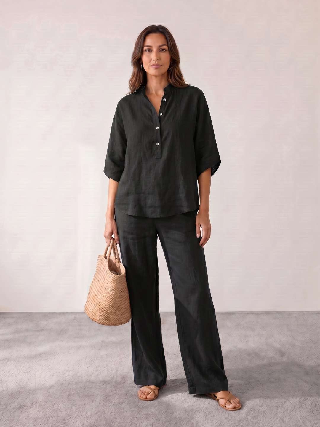Linen set with batwing sleeves and wide pants