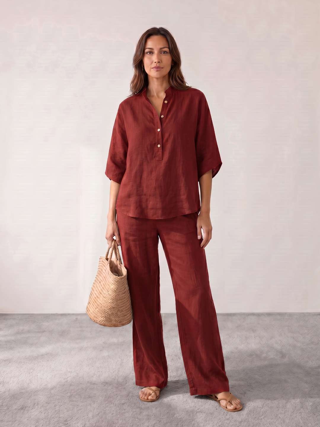 Linen set with batwing sleeves and wide pants