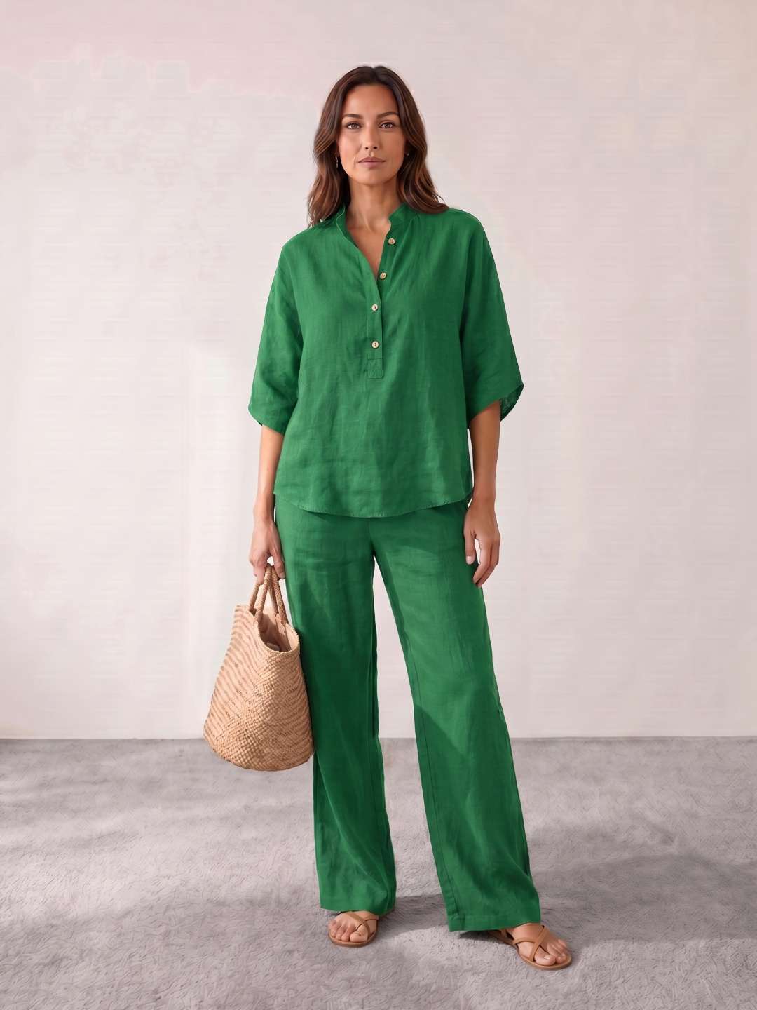 Linen set with batwing sleeves and wide pants