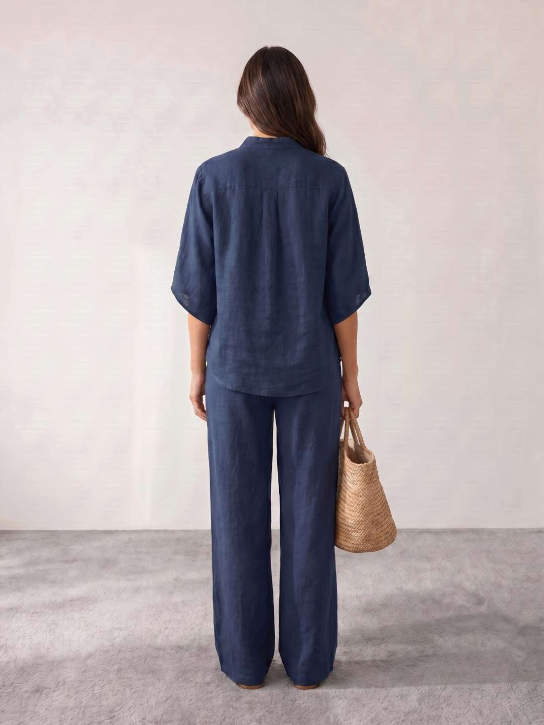 Linen set with batwing sleeves and wide pants