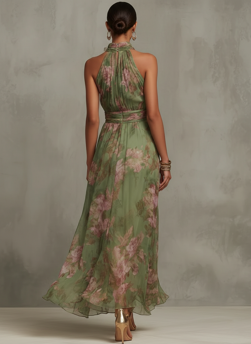 Serena - Vestido largo verde floral de gasa