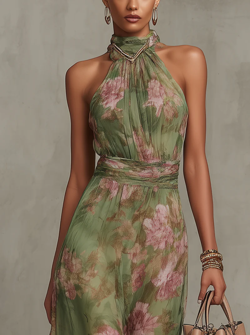 Serena - Vestido largo verde floral de gasa
