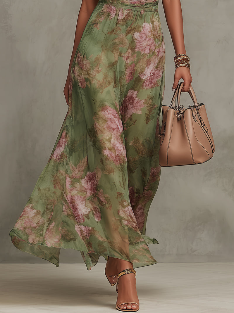Serena - Vestido largo verde floral de gasa