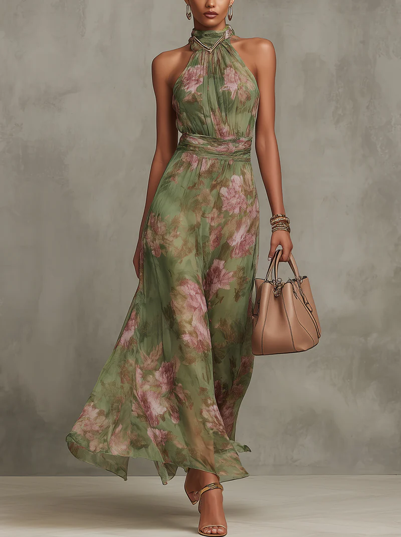 Serena - Vestido largo verde floral de gasa