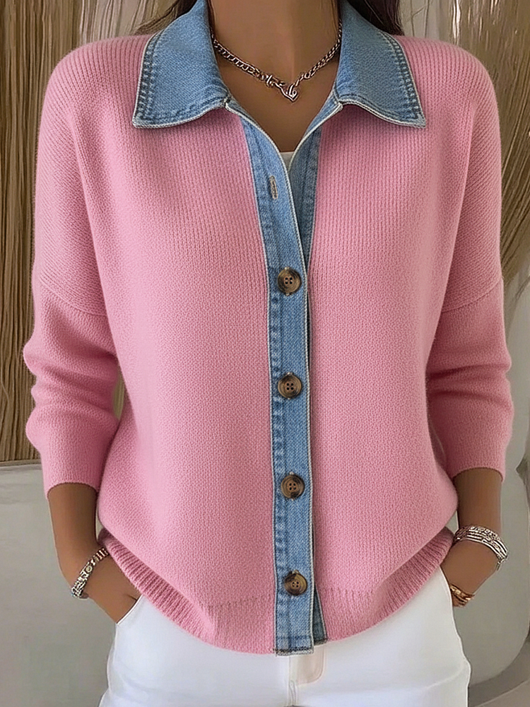 Cárdigan de punto con cuello tipo polo y parches de denim, con botones