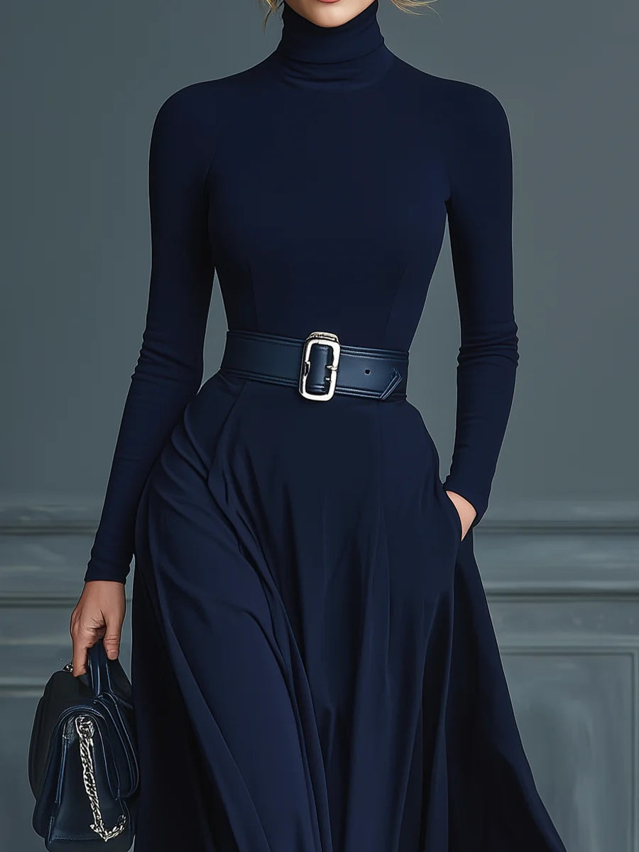 Eleonora - Vestido de punto azul oscuro con cuello alto