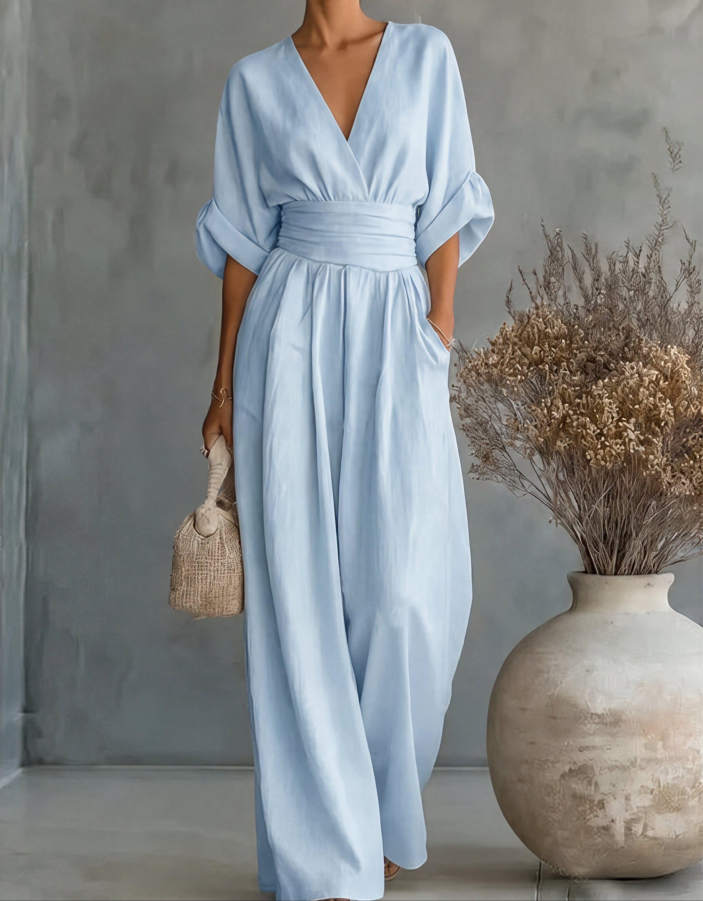 Fluid jumpsuit with V-neckline