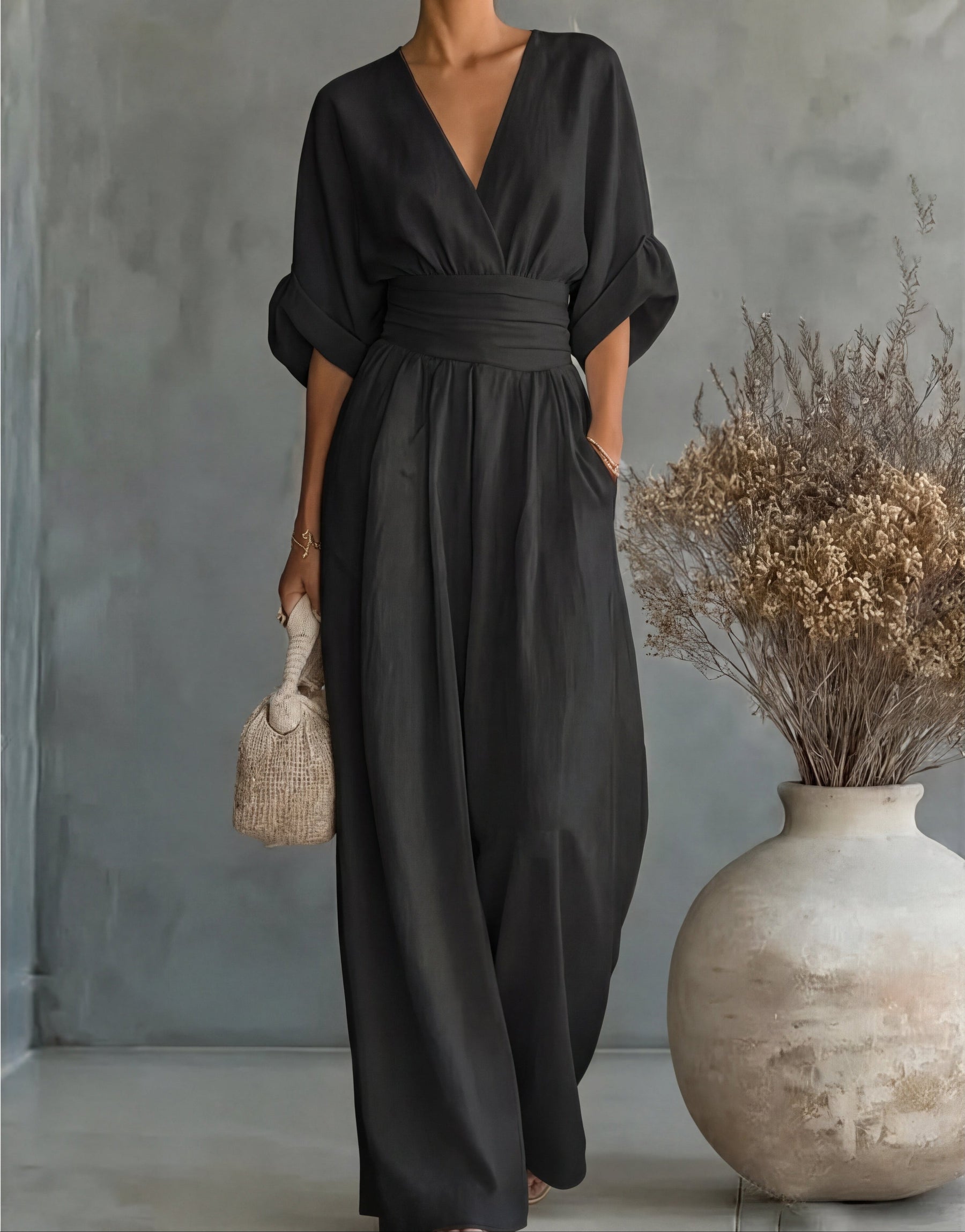 Fluid jumpsuit with V-neckline