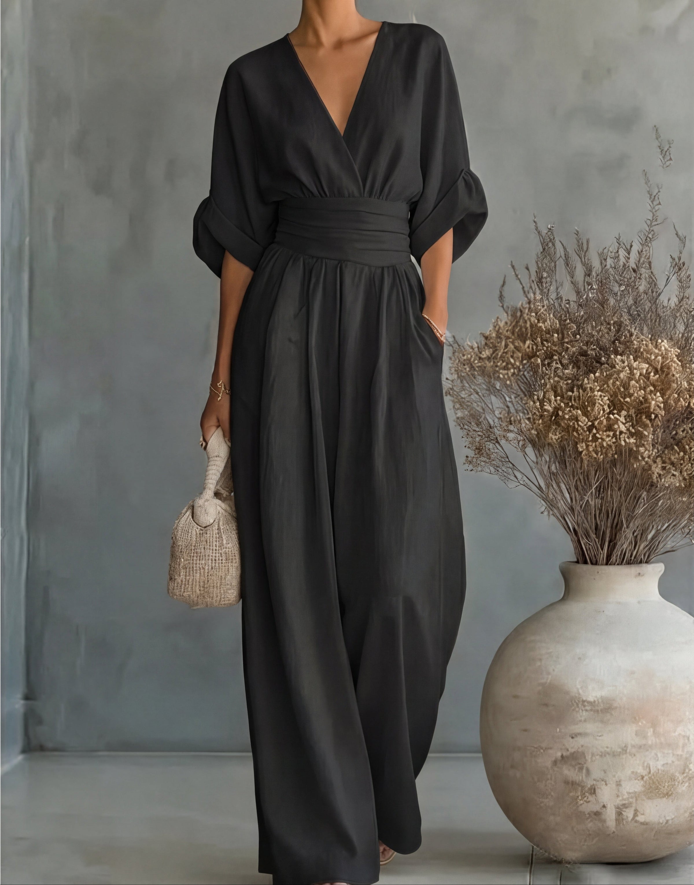 Fluid jumpsuit with V-neckline