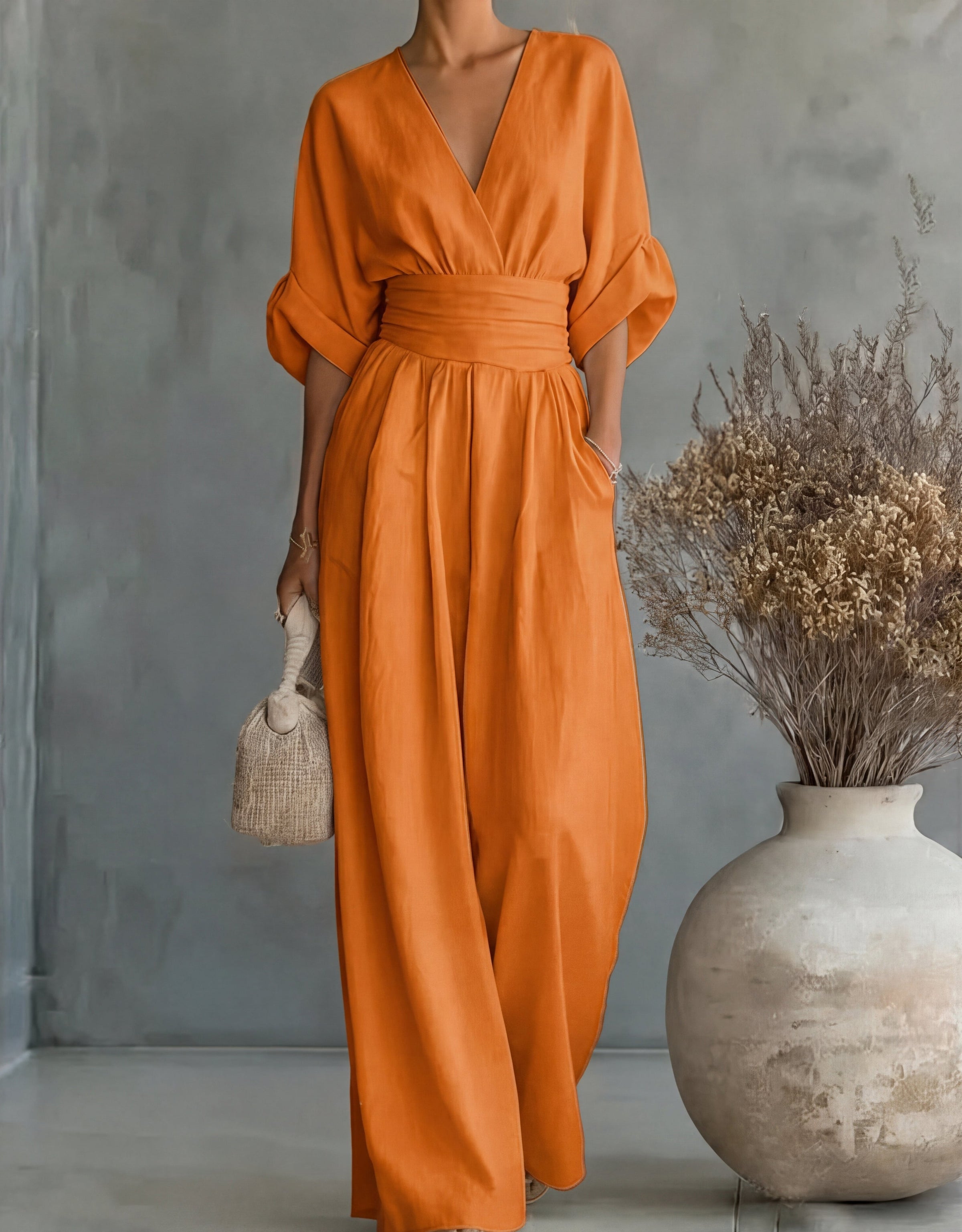 Fluid jumpsuit with V-neckline
